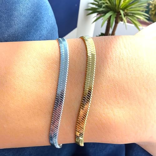 Waterproof 14K Gold Over Herringbone Chain Bracelet Anklet for Women and Men, Ankle Bracelet Premium Solid Stainless Steel (Silver) - size: 6 Inch, style: WIDTH - 3 MM