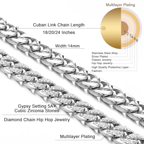 Saintda Iced Out Cuban Link Chain Necklace Bracelet Set for Men | 14mm Cuban Link Necklace Bracelet Jewelry Set Diamond Iced Out Mens Bling Thick Necklaces Chains - color: Silver-W:14MM-THK:5MM, size: 24inch