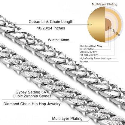 Saintda Iced Out Cuban Link Chain Necklace Bracelet Set for Men | 14mm Cuban Link Necklace Bracelet Jewelry Set Diamond Iced Out Mens Bling Thick Necklaces Chains - color: Silver-W:14MM-THK:5MM, size: 20inch