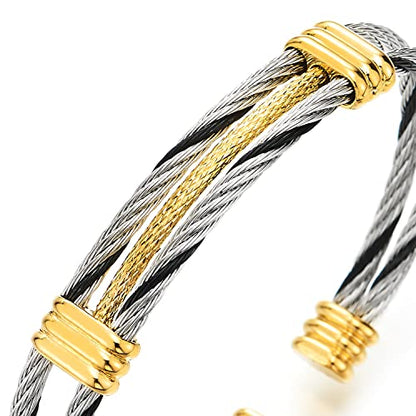 COOLSTEELANDBEYOND Men Women Stainless Steel Twisted Cable Adjustable Cuff Bangle Bracelet - color: H-Metal Color: Silver & Gold & Black