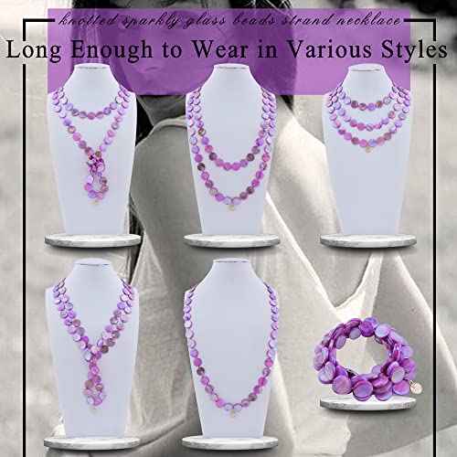 Firstmeet Flat Round Coin Shell Beads Long Knotted Necklace Natural Mother of Pearl Handmade Jewelry For Women - color: Purple AB