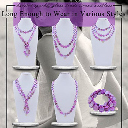 Firstmeet Flat Round Coin Shell Beads Long Knotted Necklace Natural Mother of Pearl Handmade Jewelry For Women - color: Purple AB