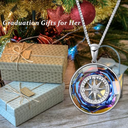 AOBOCO 2026 Graduation Gifts 925 Sterling Silver Compass Pendant Necklace High School College Graduation Jewelry Gifts for Women Daughter - style: Sterling Silver Pendant Necklace with Color-changed Crystal Compass Design