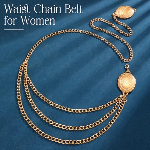 Chain Belt for Women Fashion Multilayer Metal Waist Chain Dress Belt Adjustable - size: Fit Waist Up to 35'', style: Gold-D