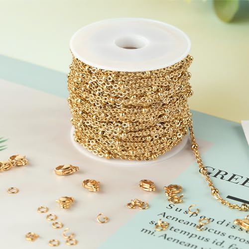 10M Beaded Cable Link Chains for Jewelry Making Stainless Jewelry Findings | PVD Gold Plated Stainless Steel Chains Bulk with Lobster Clasps for Handcrafts DIY Jewelry Making Supplies - color: Cross Bead Gold