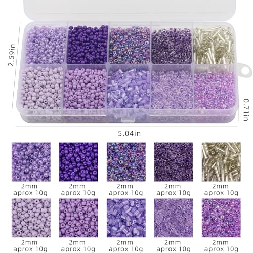 5000pcs Glass Seed Tube Bugle Beads for DIY Jewelry Making | 12/0 Waist Beads Kit, Lavender Embroidery Beads, 2mm Small Tiny Beads for Bracelets Necklaces Earrings, 10 Colors - color: Lavender
