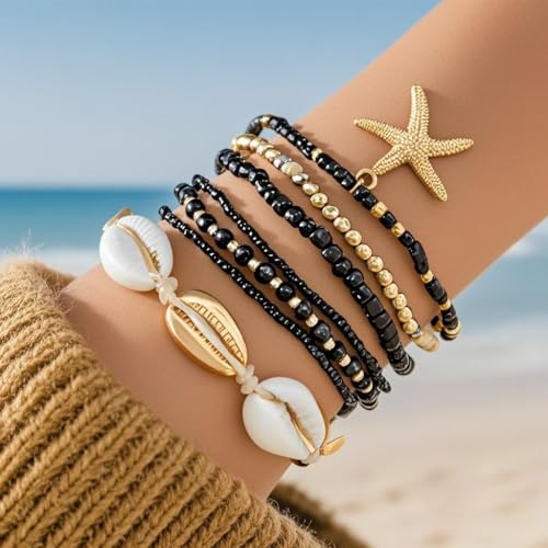 Bohemian Starfish Bracelets for Women - Adjustable Stackable Beach Bracelets, Handmade Stretchy Beaded Summer Jewelry, Perfect for Surf & Waterproof Fun - color: Black