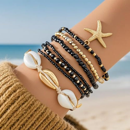 Bohemian Starfish Bracelets for Women - Adjustable Stackable Beach Bracelets, Handmade Stretchy Beaded Summer Jewelry, Perfect for Surf & Waterproof Fun - color: Black