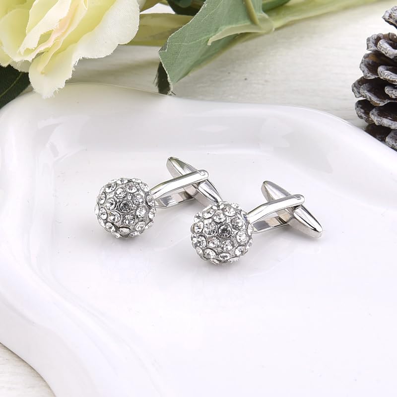 Round Rhinestone Cufflinks for Men Tuxedo Shirt Studs Crystal Ball Cufflinks French Cuff Links for Men Wedding Business Prom - color: Silver