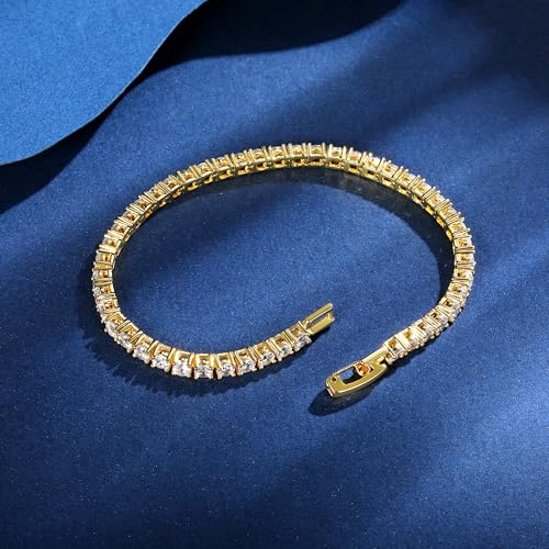 Gemsme 4 Prong Tennis Bracelet, 18K White/Yellow Gold Plated 3mm Round Cubic Zirconia Bracelet for Women Size 6-8.5 Inch - color: Gold Plated, size: 8.5 inch