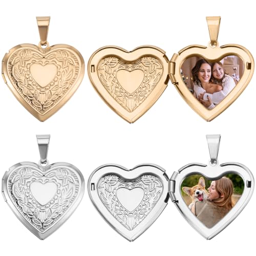 Beebeecraft 1 Box 4Pcs Locket Heart Charms 18K Gold Plated 316 Stainless Steel Ribbon Heart Photo Frame Pendants Charms for Jewelry Making DIY (Gold, Silver)