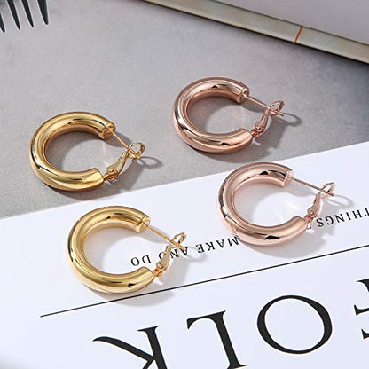 sovesi Chunky Hoop Earrings for Women, 14K Gold Plated Thick Hoops | 5mm Thick Hollow Tube Chunky Lightweight Hypoallergenic Hoop Earrings for Women - style: Gold and Rose Gold 25MM