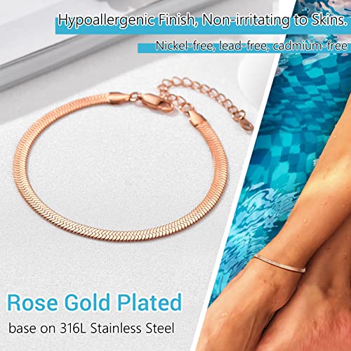 PROSTEEL 316L Stainless Steel Herringbone Flat Chain Bracelets/Anklets, Beautiful Summer Jewelry, Black/Yellow Gold/Rose Gold Plated, 6.3inch/8.5inch Adjustable, Come Box - color: Rose Gold