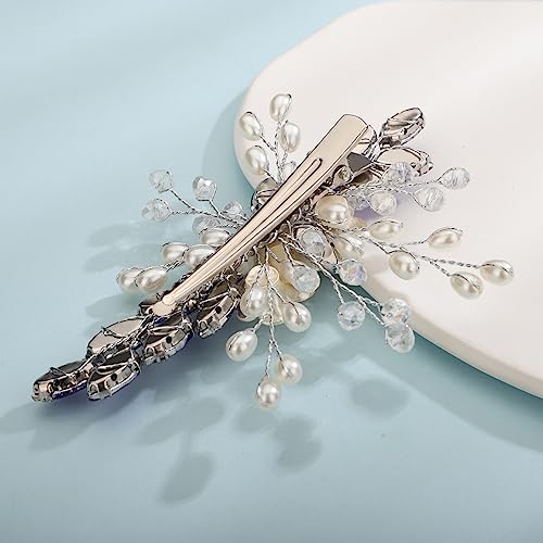 Xerling Royal Blue Rhinestones Crystal Flower Hair Barrettes Clip Boho Bridal Pearl Hair Jewelry Accessories for Women Wedding Floral Headpieces (Blue) - color: Blue