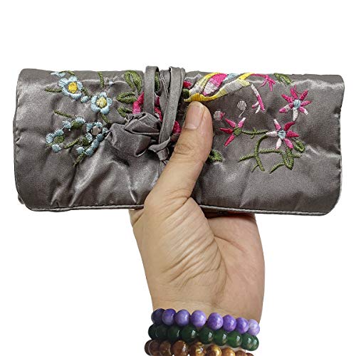 Travel Jewelry Roll Bag - Embroidered Brocade Pouch for Rings, Necklaces, Earrings, Bracelets | Lightweight & Tie Closure (Gray) - color: Gray