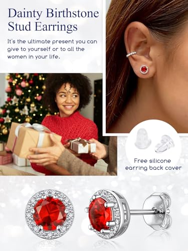 Suplight 925 Sterling Silver Birthstone Stud Earrings for Women, Round/Heart/Teardrop/Square Crystal Diamond Earrings for Women, Dainty Birthday Gifts Jewelry - color: style a-07. round-July(Created Ruby)