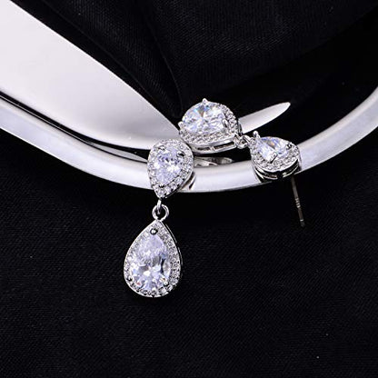 Pave Teardrop Earrings for Wedding Sterling Silver Double Pear Shaped CZ Cubic Zirconia Crystal Rhinestone Birthstone Dangle Earrings Bridal Jewelry for Bride Bridesmaids - color: Noble Silver