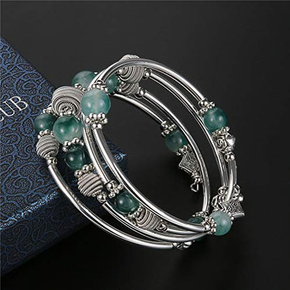 PEARL&CLUB Beaded Chakra Bangle Turquoise Bracelet - Fashion Jewelry Wrap Bracelet with Thick Silver Metal and Mala Beads, Birthday Gifts For Women - color: Jade Green