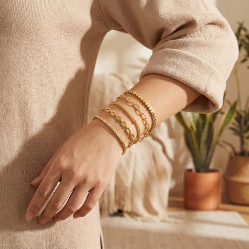 Gold Plated Layered Bracelet Set, Adjustable Paperclip Snake Chain Jewelry for Women - color: Paperclip,Snake,Ball,Wave Twisted Rope,Small Bar