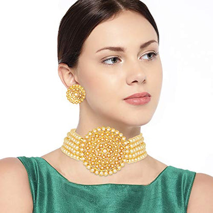 Aheli Pearl Diamond Choker Necklace & Round Earrings Gift for Women Indian Traditional Bollywood Fashion Bharatanatyam jewellery set - color: Cream