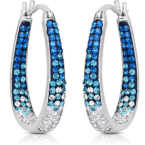 Savlano 14K White Gold Plated Inside Out Crystal Hoop Earrings For Women Comes With Savlano Gift Box - color: Light Blue-White