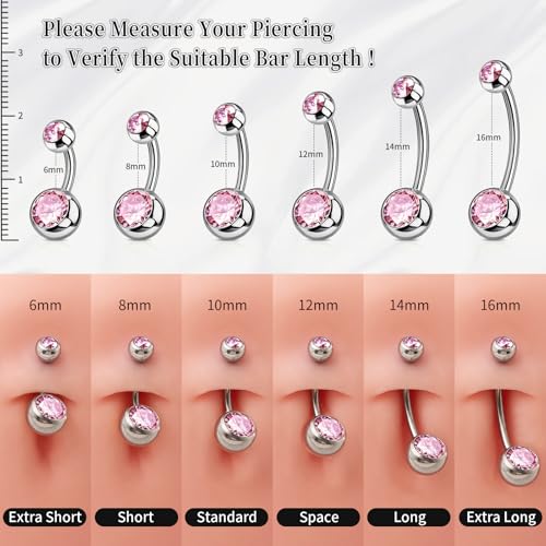1PC/2PC/3PC G23 Titanium Belly Button Rings 14G 1.6MM Round Cubic Zirconia Belly Rings 6 Sizes of Length to Choose Navel Barbell Belly Piercing Jewelry for Women Men - color: Pink