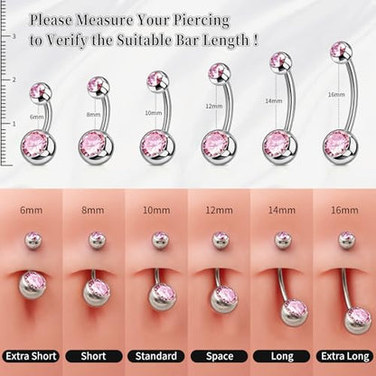 1PC/2PC/3PC G23 Titanium Belly Button Rings 14G 1.6MM Round Cubic Zirconia Belly Rings 6 Sizes of Length to Choose Navel Barbell Belly Piercing Jewelry for Women Men - color: Pink