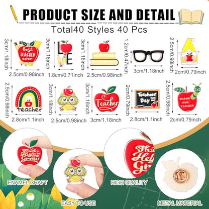 Giegxin 40 Pcs Teacher Lapel Pins Bulk Teacher Appreciation Gifts Apple Enamel Pins Thank You Gifts Glasses Brooch for Clothes Bags Accessories - style: Book