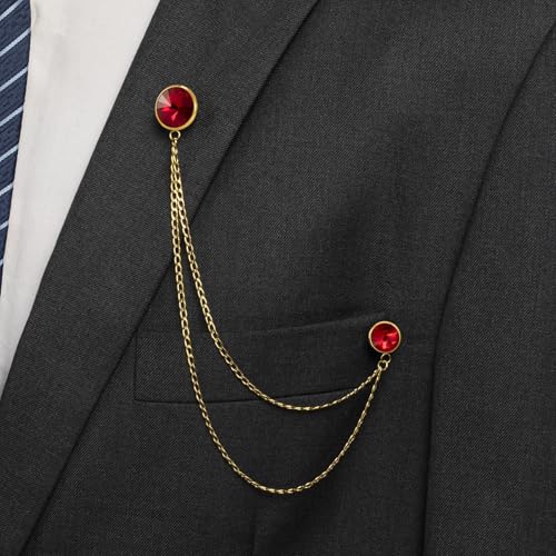 HAWSON Birthstone Brooch Pin for Men with Hanging Chain & Crystal, Mens Gold Tone Lapel Pin for Wedding/Birthday/Party Dress Suits Accessories - color: July Ruby