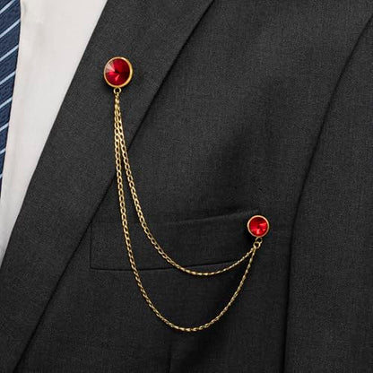 HAWSON Birthstone Brooch Pin for Men with Hanging Chain & Crystal, Mens Gold Tone Lapel Pin for Wedding/Birthday/Party Dress Suits Accessories - color: July Ruby