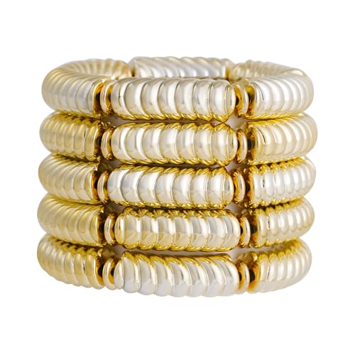 LALAPPLE Gold Plated Beaded Acrylic Bamboo Tube Bangle Bracelets for Women, Colorful Chunky Curved Tube With Gold Plated Pieces Beads Stretch Bracelet Friendship Summer Beach Jewelry - color: B-gold 5pcs(Chunky set)