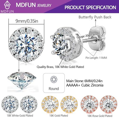 MDFUN Halo Stud Earrings 18K Gold Plated 5A+ Cubic Zirconia Round Earrings Hypoallergenic Ears Jewelry for Women Men - color: White Gold/Yellow Gold/Rose Gold