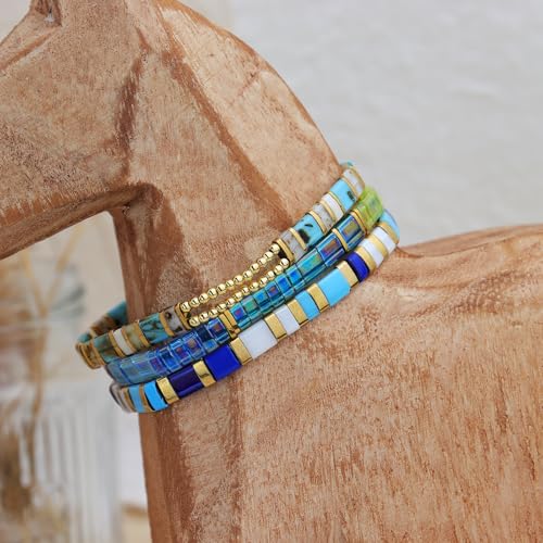 Sonateomber Tila Flat Beaded Stretch Bracelets for Women, Trendy Unique Colorful Square Beads Handmade Stack Bracelet Friendship Accessories Fashion Jewelry Gift - color: Gold Bead Turquoise White
