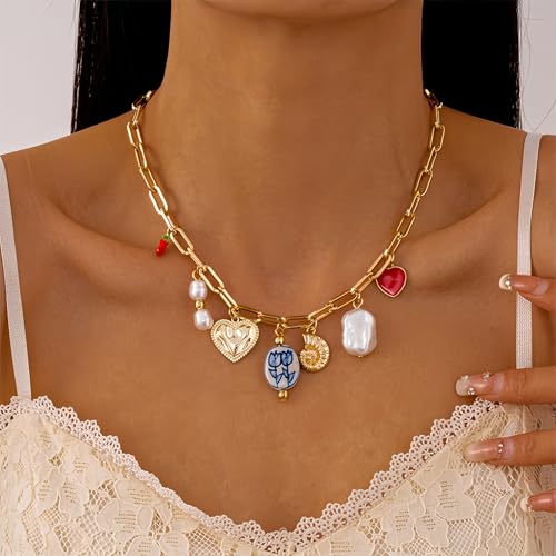JNF Cute Shell Conch Boho Charm Necklace for Women Sun Moon Star Coin Heart Flower Boot Bow Charms Necklaces Summer Beach Jewelry - color: charm gold