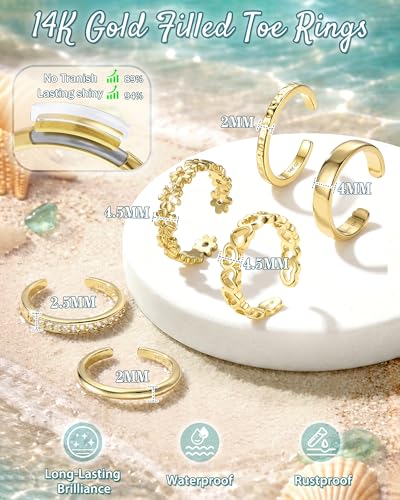 Besteel 6 PCS Toe Rings for Women - 14K Gold Filled Non Tarnish Waterproof | Adjustable Silver Toe Ring Simple Open Band Hug CZ Chunky Flower Toe Rings Set Trendy Summer Beach Foot Jewelry for Women - style: Gold: heart&flower toe ring