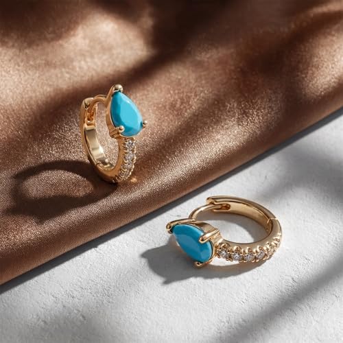 Dremmy Studios Dainty CZ Huggie Hoop Earrings 14K Gold Plated Chunky Simple Cute Thick Round Frill Bead Ball Starburst Cuff Earrings Cubic Zirconia Hoop Earrings Minimalist Personalized Gift for Her - color: A-CZ Turquoise