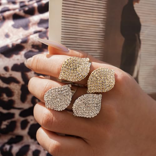 Rhinestone Finger Ring for Women Sparkly Crystal Butterfly Flower Leaf Adjustable Statement Chain Rings Punk Jewelry - color: Leaf S