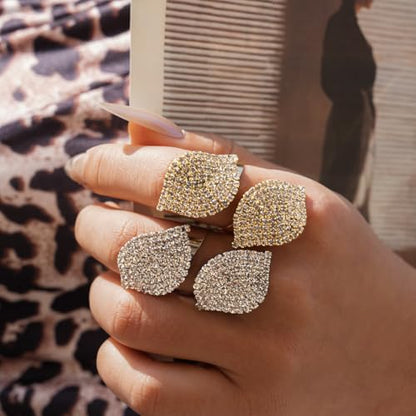 Rhinestone Finger Ring for Women Sparkly Crystal Butterfly Flower Leaf Adjustable Statement Chain Rings Punk Jewelry - color: Leaf S