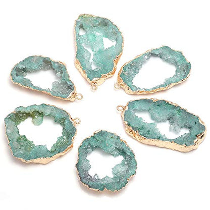 LE SKY natural stone pendant, irregular plated copper edge crystal agate stone pendant for jewelry making DIY necklace charms 25X30-35X45mm (2 Pcs) - color: blue-green
