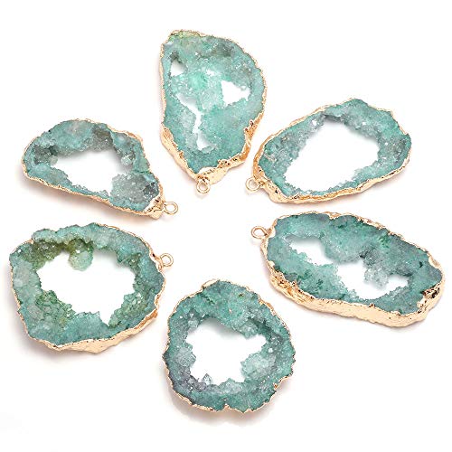LE SKY natural stone pendant, irregular plated copper edge crystal agate stone pendant for jewelry making DIY necklace charms 25X30-35X45mm (2 Pcs) - color: blue-green
