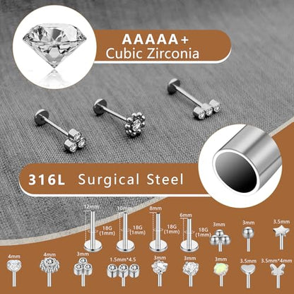 15Pcs 20G/18G/16G Flat Back Push in Stud Earrings 316L Surgical Stainless Threadless nose rings Medusa Piercing Jewelry Hypoallergenic Labret Studs Lip Rings ring for Women Men Be Equipped With Ball Grabber Tool - color: Silver, size: 20G(0.8MM)