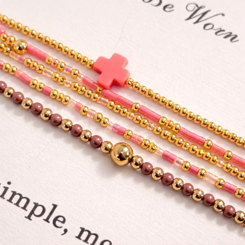 Gold Bracelets for Women, Beaded Cross Stack, Non Tarnish Set，Set-1 | Gold Beaded Bracelet Stack with Stretch Fit, Waterproof Finish and Dainty Design for Everyday Wear and Gifts - color: Colors-9