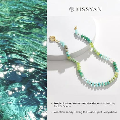 KissYan Beaded Gemstone Necklaces for Women | Colorful Bead Natural Stone Choker with 14K Gold Plated Spring Ring Clasp, Handmade Knot Jewelry for Summer Beach - color: F-Green