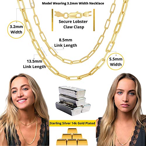 Paperclip Chain Necklace for Women | Sterling Silver or 14K Gold Plated | 2.8mm 3.2mm 5.5mm | 16–30 Inch Italian Link Layering Chain - color: 14K Gold Plated – 2.8mm