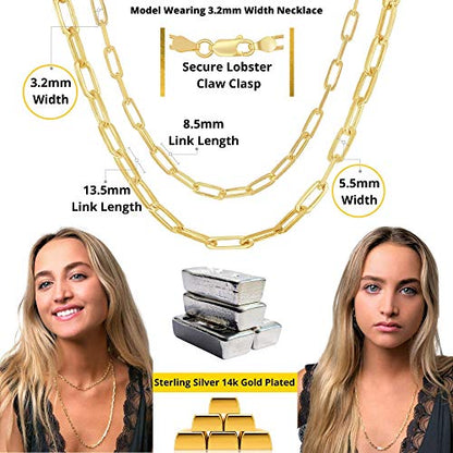 Paperclip Chain Necklace for Women | Sterling Silver or 14K Gold Plated | 2.8mm 3.2mm 5.5mm | 16–30 Inch Italian Link Layering Chain - color: 14K Gold Plated – 2.8mm