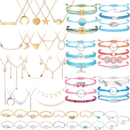 Batiyeer 60 Pcs Boho Surfer Wave Bracelet and Necklace Set for Women, Summer Beach Y2k Layered Choker Anklets Knuckle Rings - style: Cool