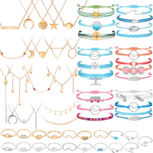 Batiyeer 60 Pcs Boho Surfer Wave Bracelet and Necklace Set for Women, Summer Beach Y2k Layered Choker Anklets Knuckle Rings - style: Cool