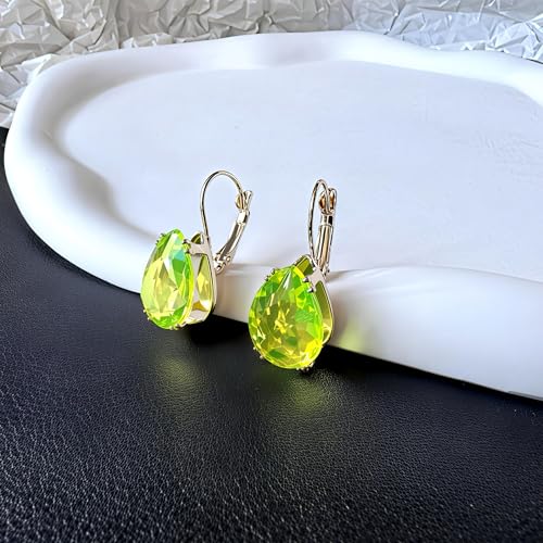 14K Gold Teardrop Crystal Leverback Earrings Sparkly Rhinestone Water Droplet Dangle Drop Earrings For Women - color: Neon Yellow