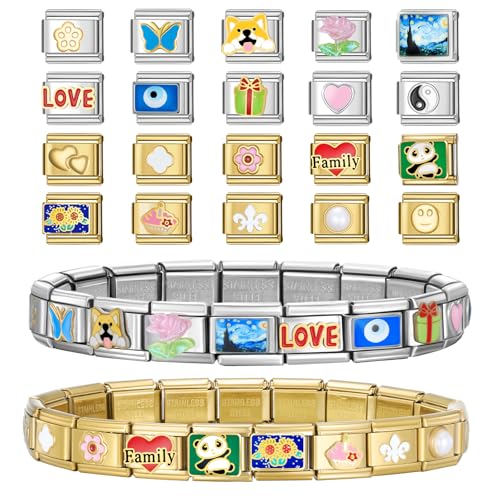 Stainless Steel Italian Charm Bracelet, 18 Link Starter Bracelet 9mm Charms | Italian Charm Bracelet with 9Pcs/20Pcs Charms and Opening Tools, Classic 9mm Modular Charm, Personalized Jewelry Gift - color: 20pcs Charm Set