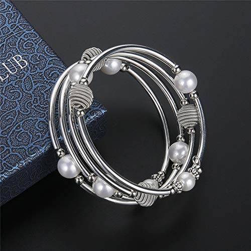 PEARL&CLUB Beaded Chakra Bangle Turquoise Bracelet - Fashion Jewelry Wrap Bracelet with Thick Silver Metal and Mala Beads, Birthday Gifts For Women - color: 63-White Shell Pearl